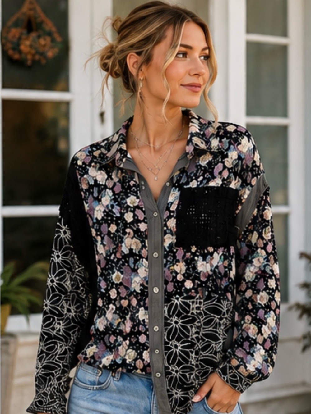 POL Floral Patchwork Button-Down Shirt in Black with Pastel Accents